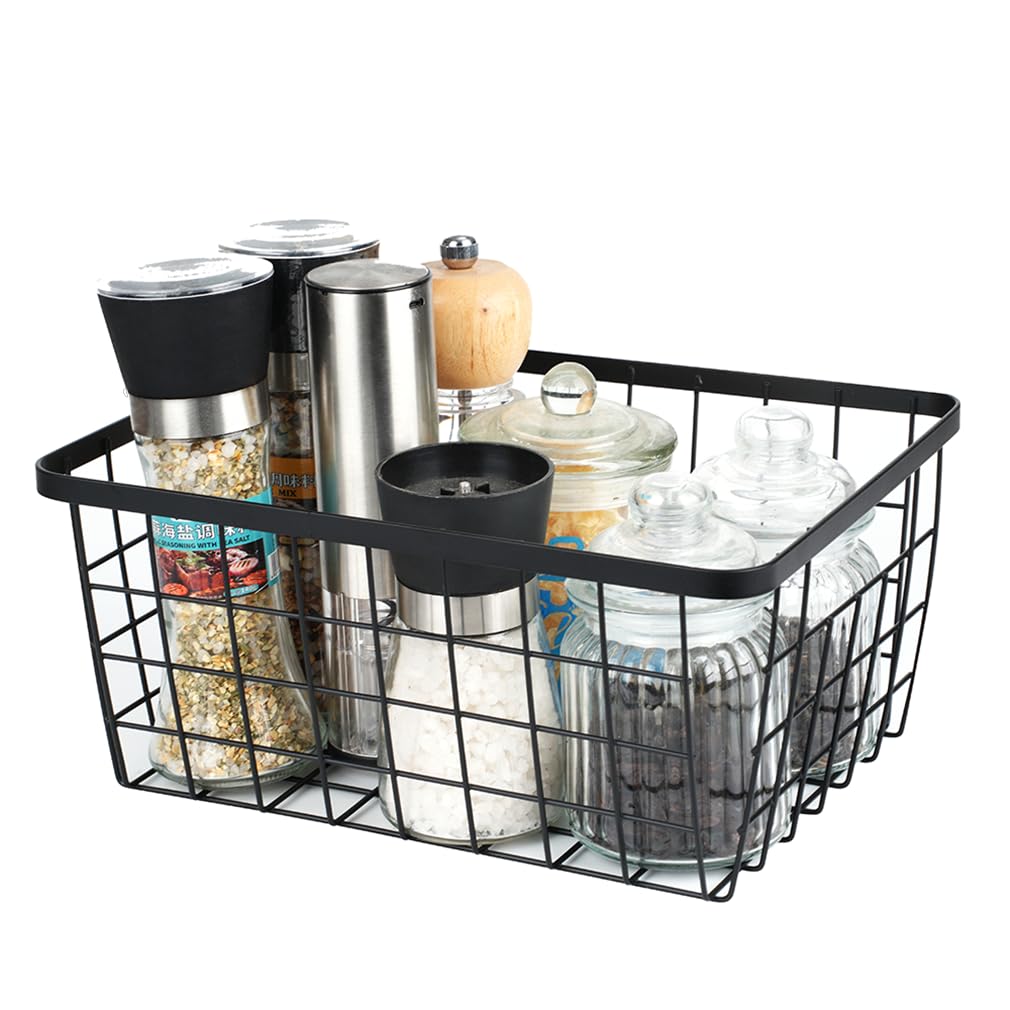 Aeggplant Kitchen Metal Wire Baskets with Handles Food Storage Organizer, Household Refrigerator for Cabinets,Pantry,Bathroom,Black,4 Pack