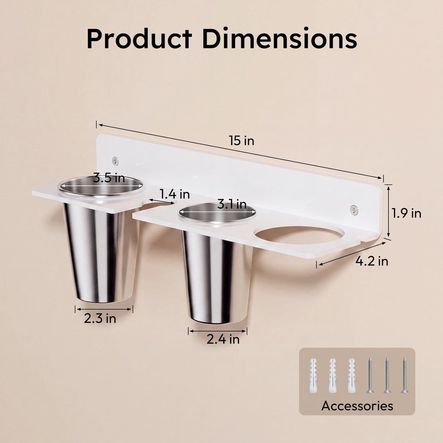 AITEE Hairdryer and Straightener Holder Wall Mounted, White Acrylic Hair Dryer Holders with 2Cups