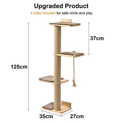 FUKUMARU Cat Scratching Activity Tree Wall Mounted, 125 cm Jute Scratch Post for Large Cats, Kittens with Platform, Rubber Wood, Large