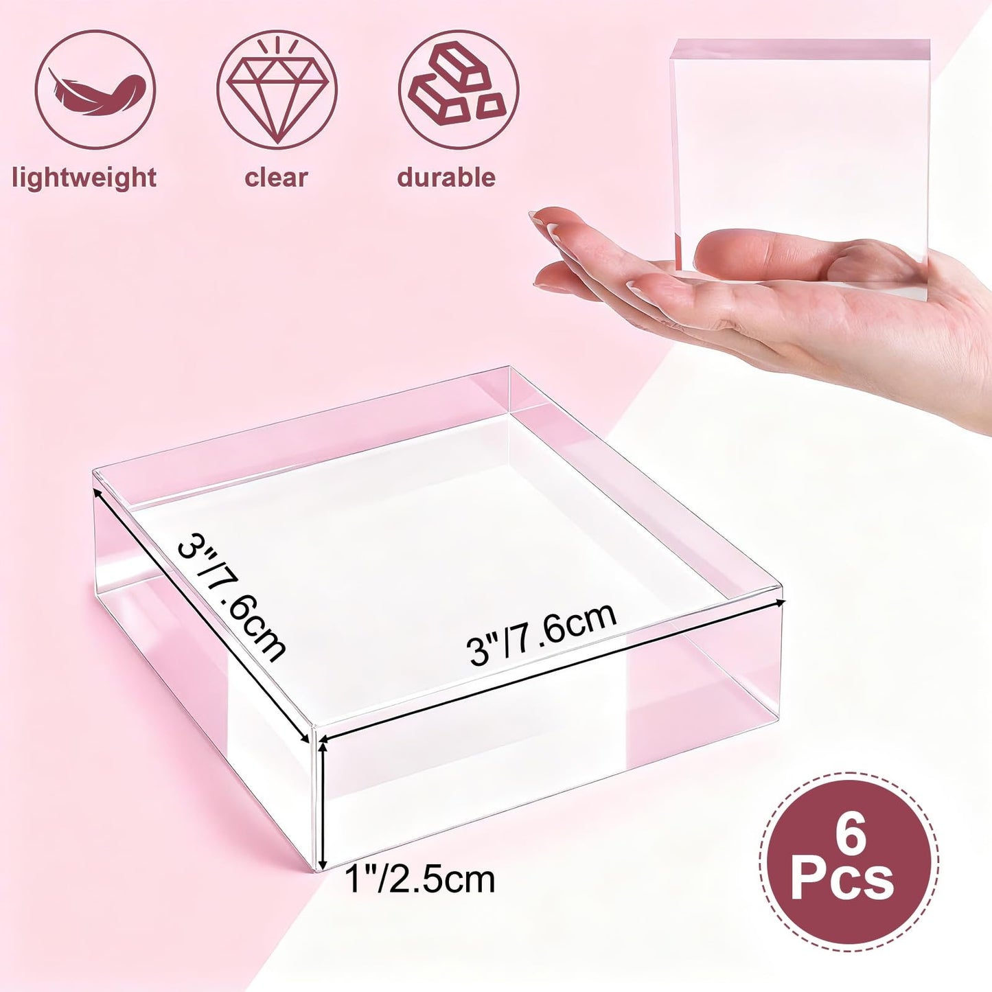Hacaroa 6 Pieces Acrylic Square Display Block, 3 x 3 x 1 Inches Clear Polished Acrylic Cube Risers