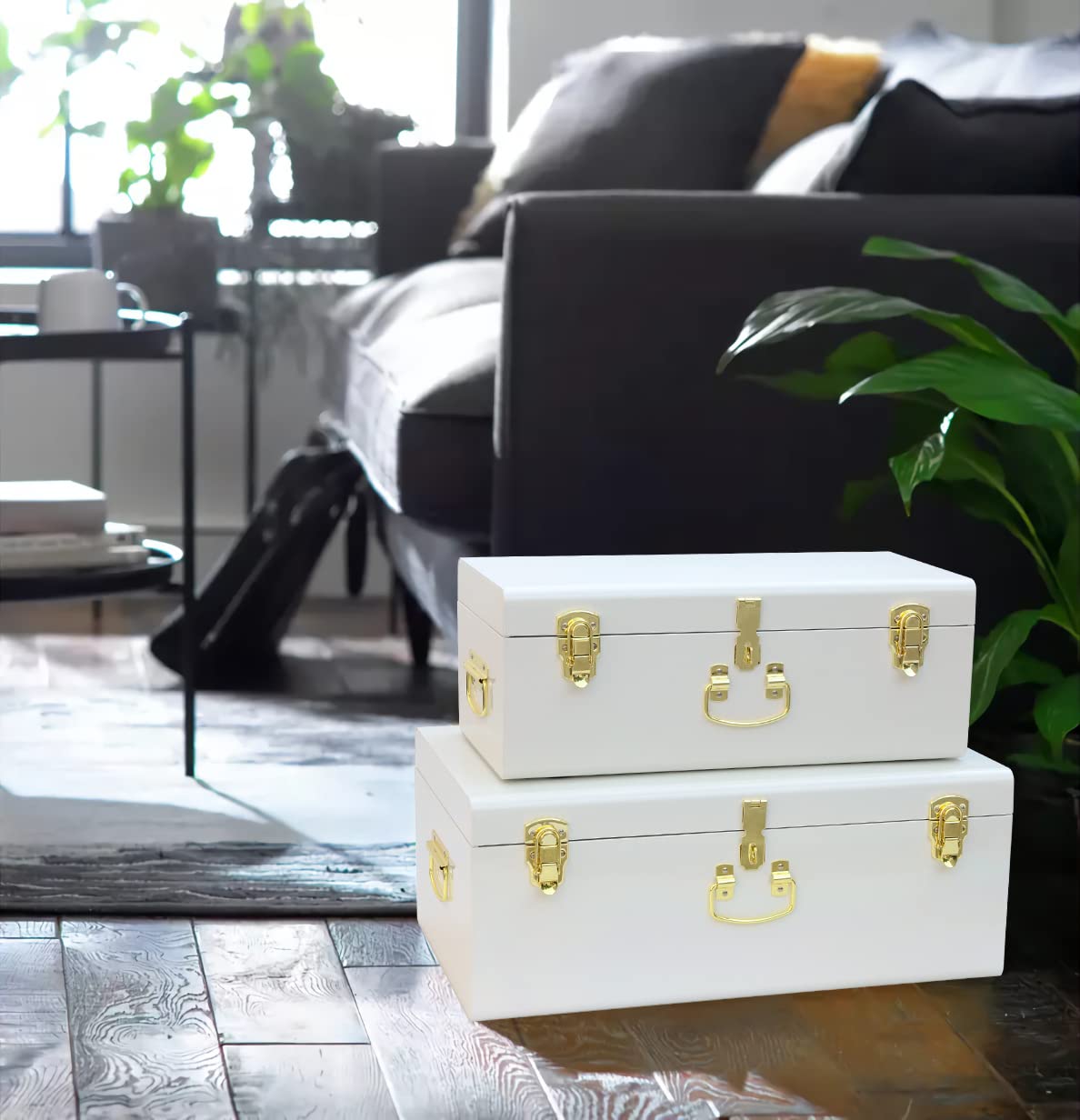 HofferRuffer Pack of 2 Metal Storage Trunk with Lockable Lid & Handles, Heavy Duty Storage Chest for Bedroom, Living Room, Bedding