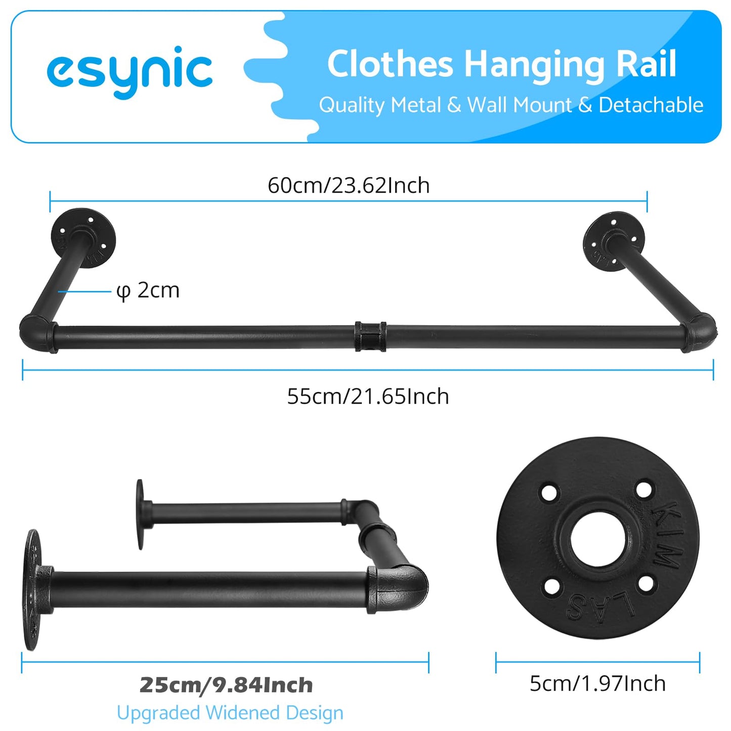 eSynic 60cm Black Industrial Wall Mounted Clothes Rail Heavy Duty