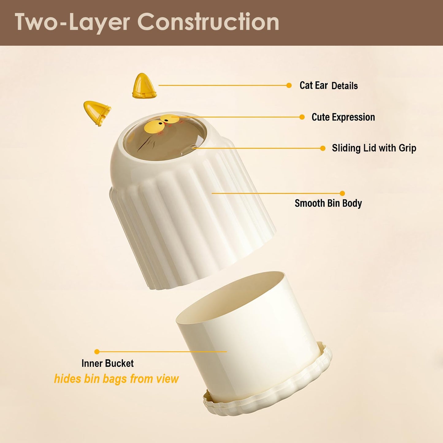 Utiant Small Bin with Lid, 1.3L Cute Cat Desk Bin Mini Rubbish Bin