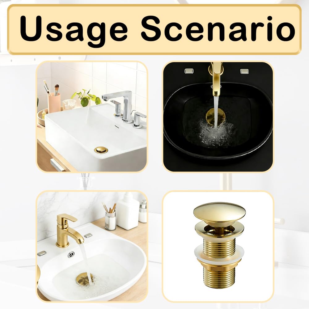 Gold Brass Basin Plug, Basin Sink Waste Slotted Pop Up Drain Plug, 1 PC Waste Drain Without Overflow for Wash Basin, Bathroom, Kitchen, Vessel Sinks