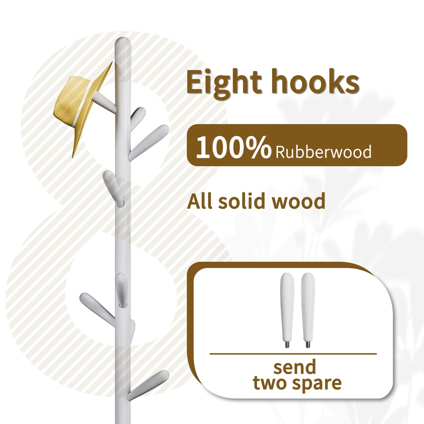 Awatiwa Solid Wood Round Base Coat Rack, Free Standing Hall Coat Tree with 8 Hooks（+2 spare for Coats, Hats, Bags, Purses, for Entryway, Hallway