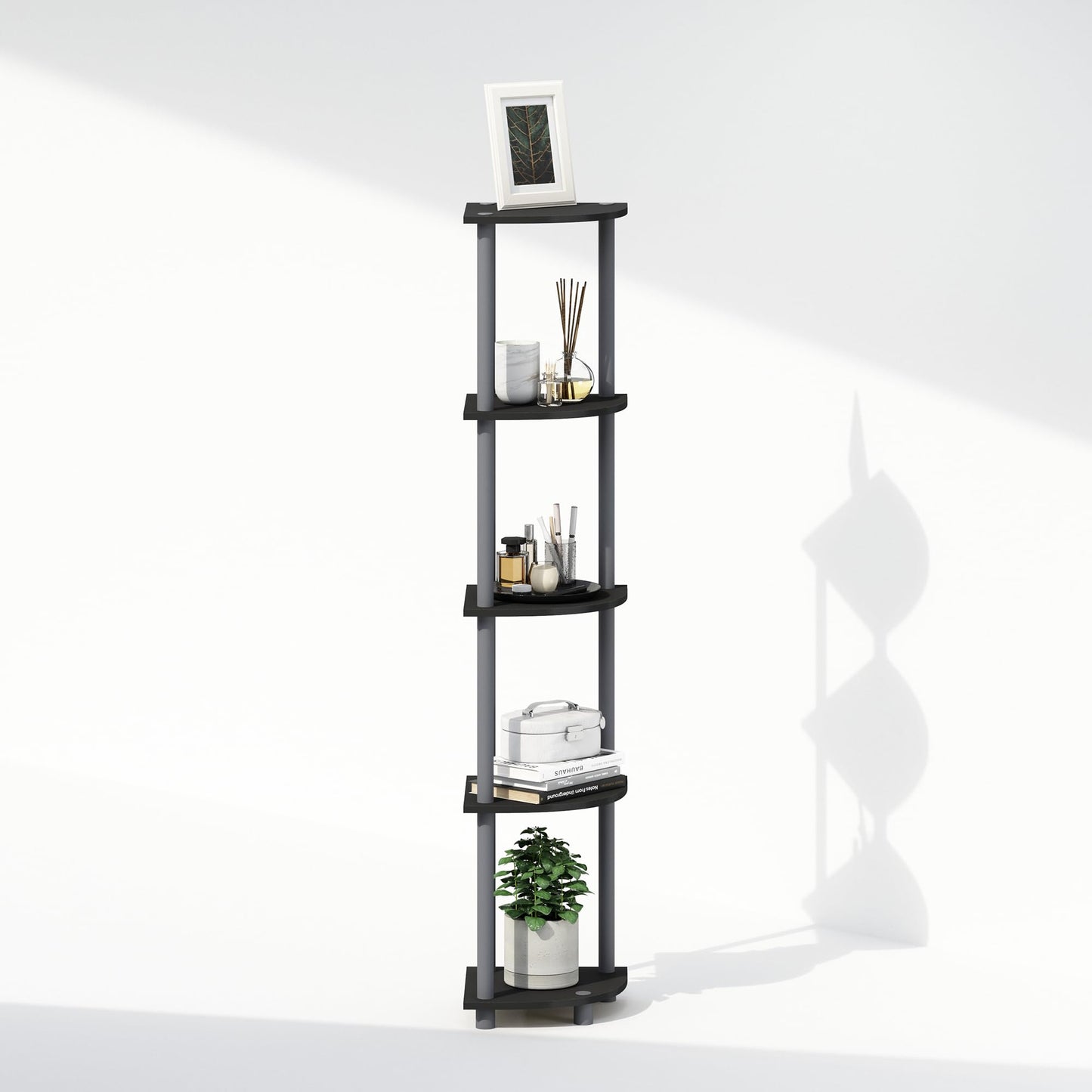 Furinno TURN-N-TUBE Corner Shelf, 5-Tier Corner Display Rack, Shelving Unit, for Organization and Storage, Living Room, Home Office, Garage, Bedroom