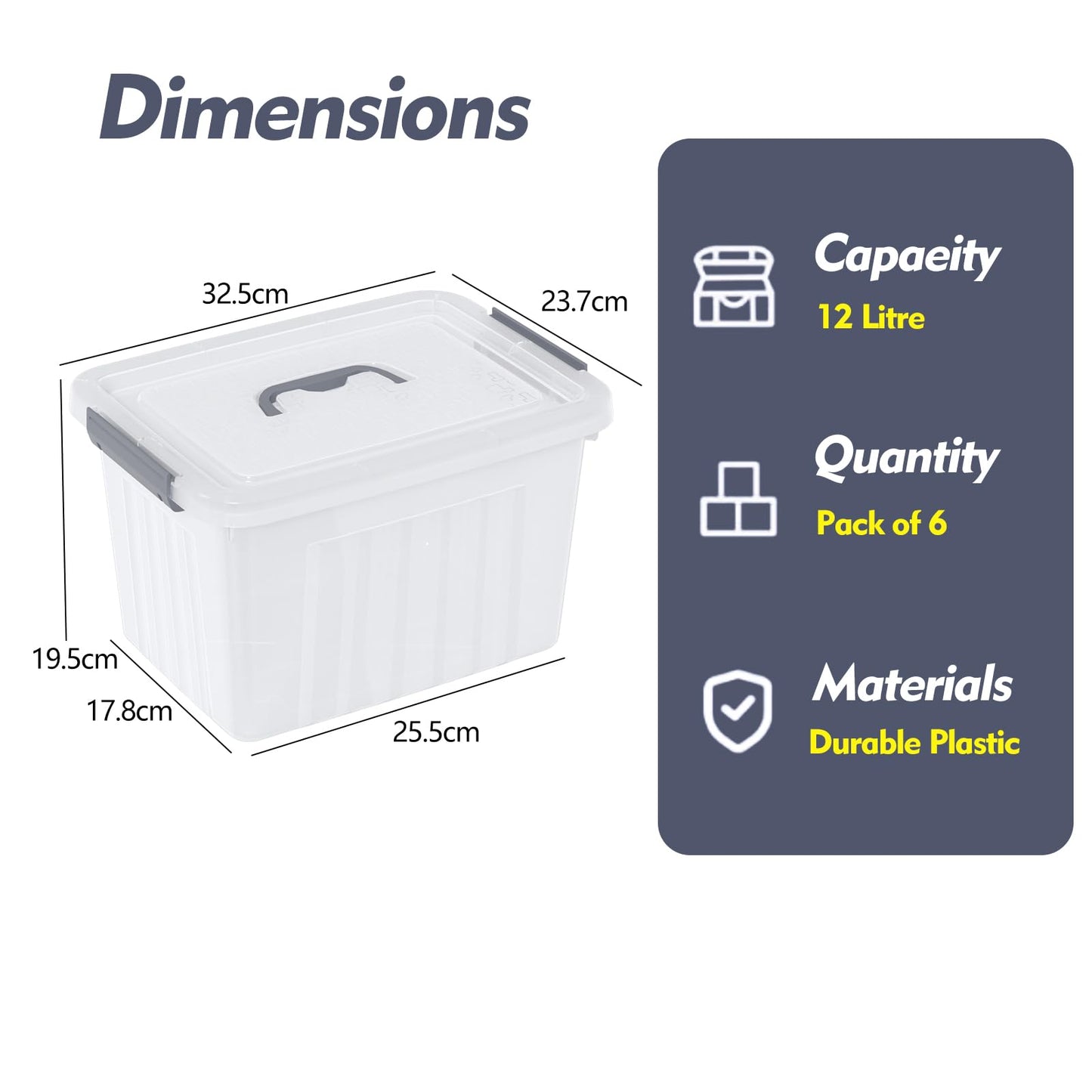 Parlynies Set of 6 Plastic Storage Box with lid, 12 Liter Clear Latch Bin with Lid