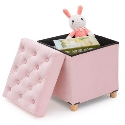 BRIAN & DANY Folding Storage Ottoman with Wood Legs, Velvet Footstools Cube for Living Room and Bedroom, 40x 40x 40 cm, Pink