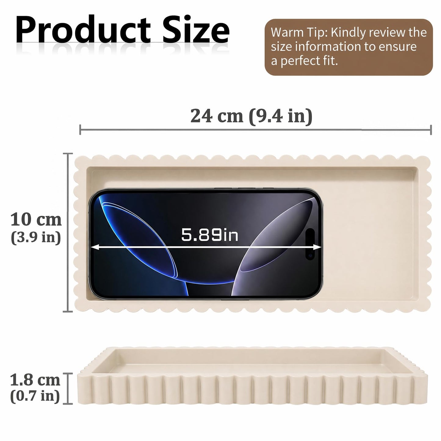 Bathroom Vanity Tray - 24 x 10 cm Silicone Decorative Tray with Scalloped Edge, Countertop Perfume Trays Trinket Dish for Dresser