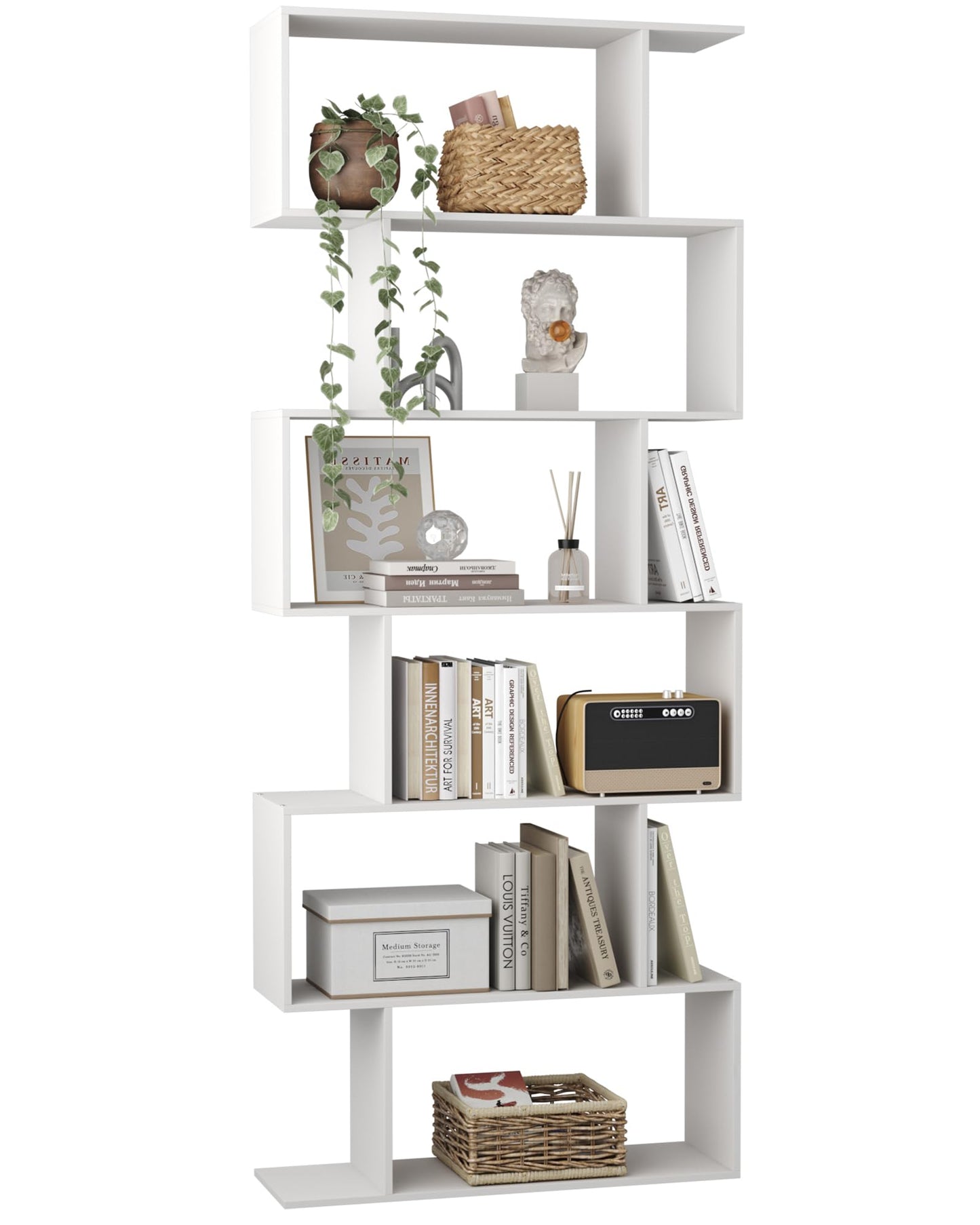 Yusong Bookshelf 6-Tier, Geometric Bookcase S Shaped Book Shelves for Bedroom, Modern Wood Decorative Display Shelf Tall Book Case for Home Office