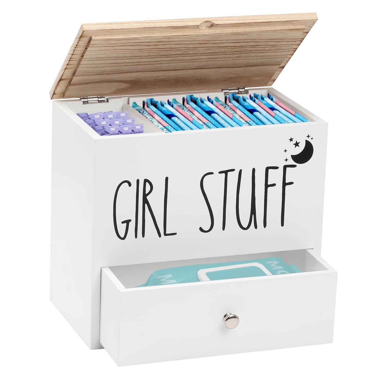 BigKing Sanitary Napkin Organizer with Drawer and Lid, Wooden Sanitary Napkin Box, 24 x 14.1 x 22.2 cm, Mobile Divider, Bathroom Sanitary Napkin Box
