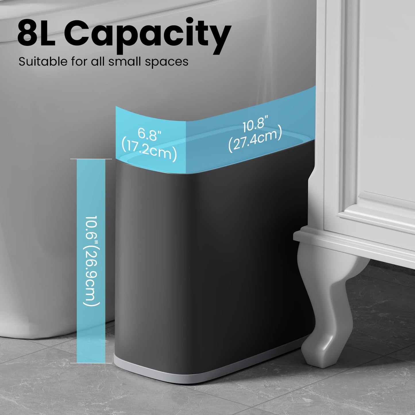 TODAYGO 8L Air-Press Trash Can with Wheels, Slim Narrow Bathroom & Toilet Side Bin with One-Touch Lid, Pet-Resistant Odor-Proof, for Small Space