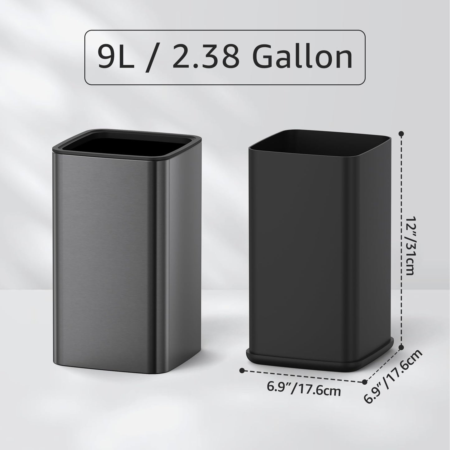 Mbillion Open Top Trash Can, Stainless Steel Waste Bin with Removable Inner Basket， Small Metal Garbage Basket for Modern Bathroom, Office (Black, 9L)
