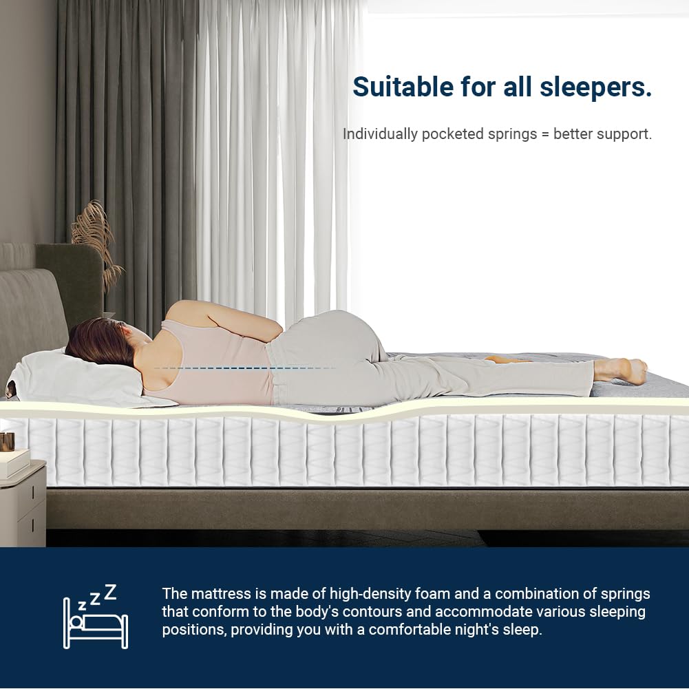 Avenco 8.5 Inch Single Mattress 3FT 9-Zone Pocket Sprung Mattress with High Elasticity Foam，CertiPUR-US Certified, Bed Mattress-in-Box，90*190*22cm
