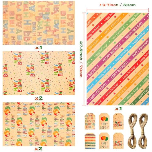 Kraft Birthday Gift Wrap Set with Balloon Star Happy Birthday Paper, Tags, String - Present Wrapping Paper Sheets for Boy, Girl, Women, Men