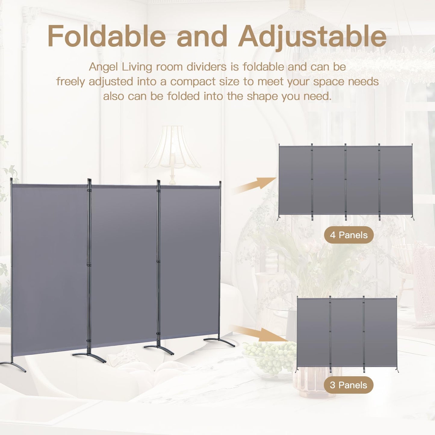 Angel Living 3 Panels Folding Room Divider | Privacy Screen with Polyester Fabric & Sturdy Iron Frame | Freestanding Partition for Office, Bedroom