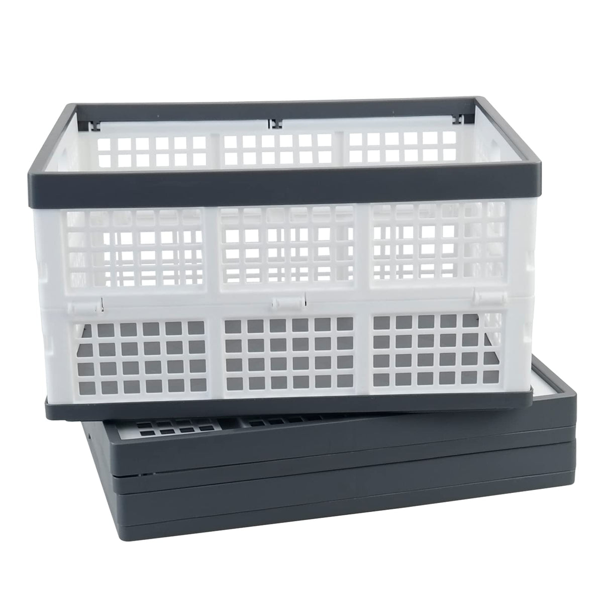 Minekkyes 3-Pack 30 L Plastic Stackable Collapsible Basket, Folding Storage Crate, White