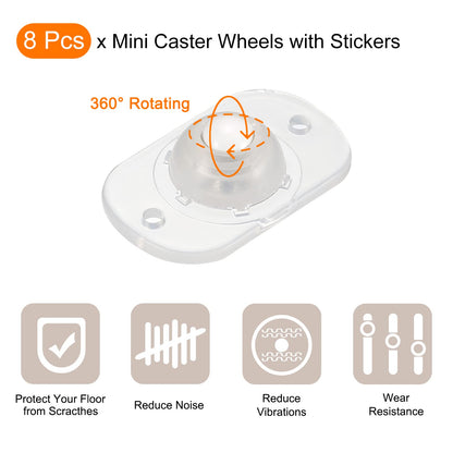 sourcing map Self Adhesive Caster Wheels, Mini Swivel Paste Universal Pulley for Bin Bottom, Trash Can, Electronic Pack of 8 -Clear