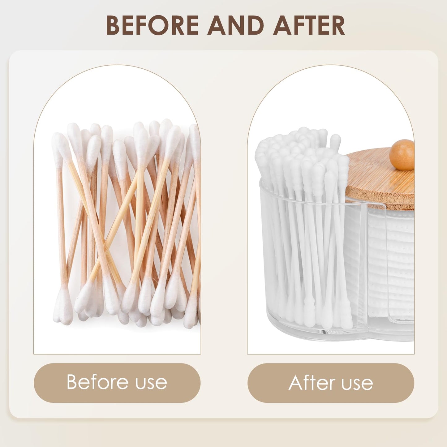 Adorila Compact Cotton Pad and Cotton Bud Holder with Bamboo Lid, Clear