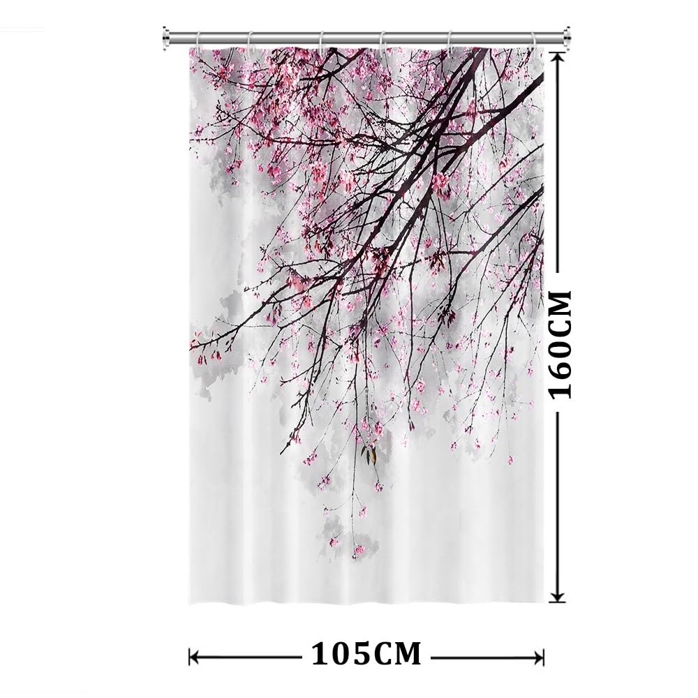 Xiaoterna Spring Shower Curtain Cherry Blossom Shower Curtain Red Plum Floral Bathroom Curtain Chinese Oriental Ink Painting Floral Shower Curtain