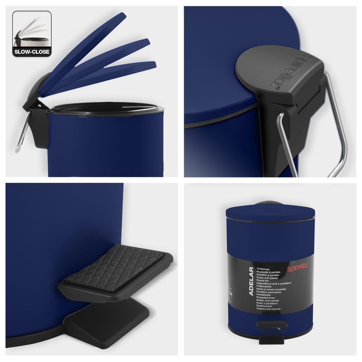Spirella Adelar Bin 3 Litres Stainless Steel with Automatic Close and Inner Bucket, Soft Close, Matte, Dark Blue