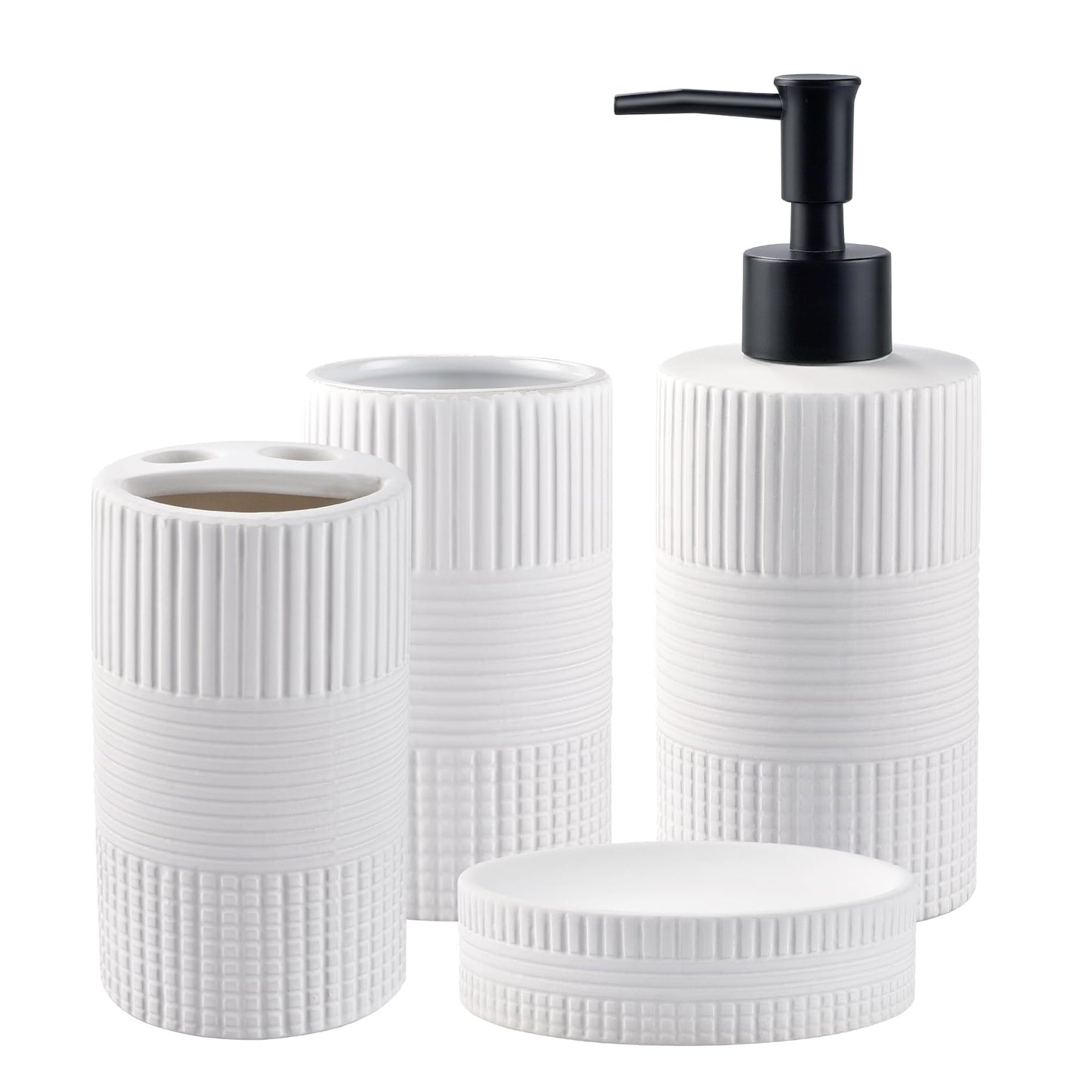 Bathroom Accessories Set of 4, Ceramic Bathroom Sets Complete-Toothbrush Holders, Soap Dispenser, Soap Dish, Toothbrush Cup