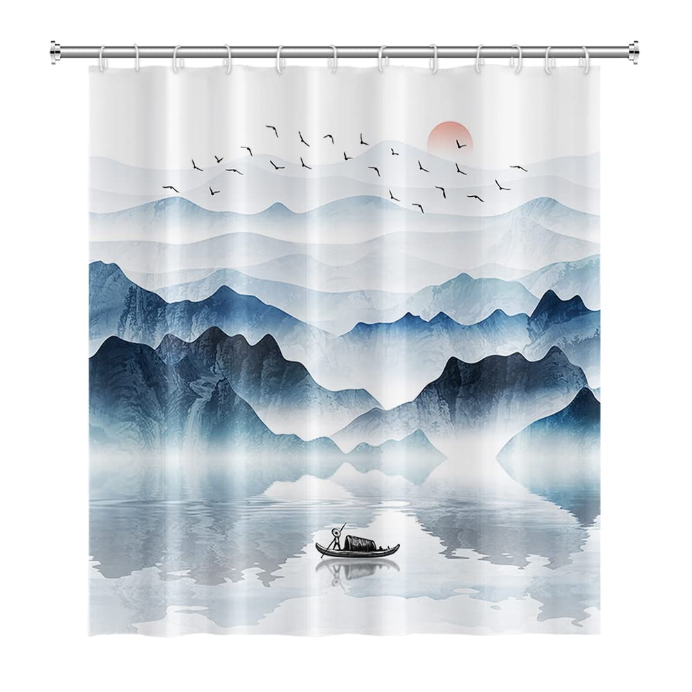 SDOTPMT 72x72 Inch Mountain Landscape Shower Curtain Lake Wooden Boat Red Sun Wild Goose Nature Scenery Foggy Modern Oil Painting Bath Curtain Fabric