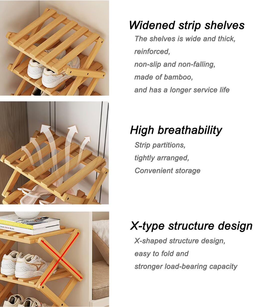 Tielag Vertical Shoe Rack Folding 5 Tier, Narrow Shoe Storage Rack, Bamboo Shoe Shelf, Tall Shoe Stand, Without Installation