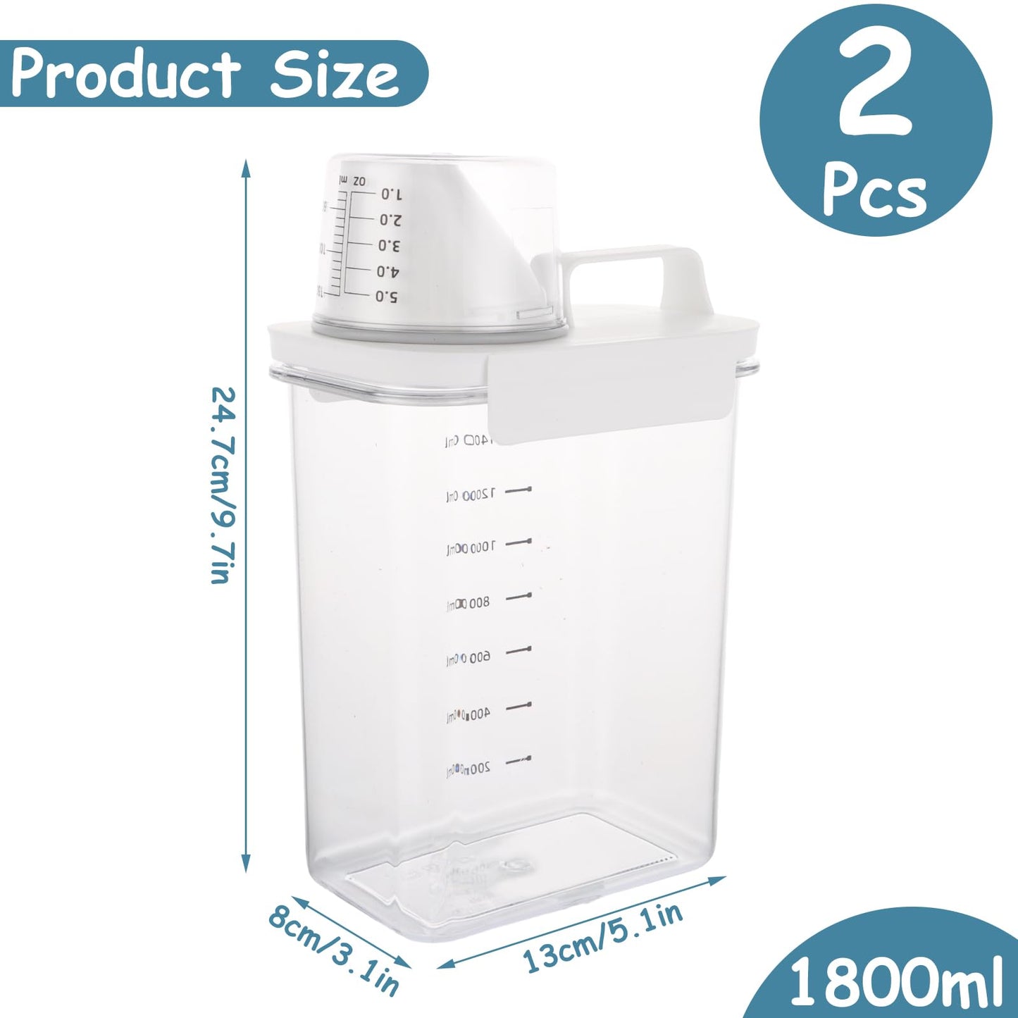 GBACHOOSE 2 Pack Washing Powder Storage, 1800ml Laundry Detergent Dispenser with Measuring Cup
