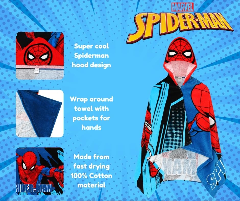 SPIDER-MAN Marvel Hooded Towel Kids Poncho Avengers boys Bath Towel Large Childrens Beach Wrap