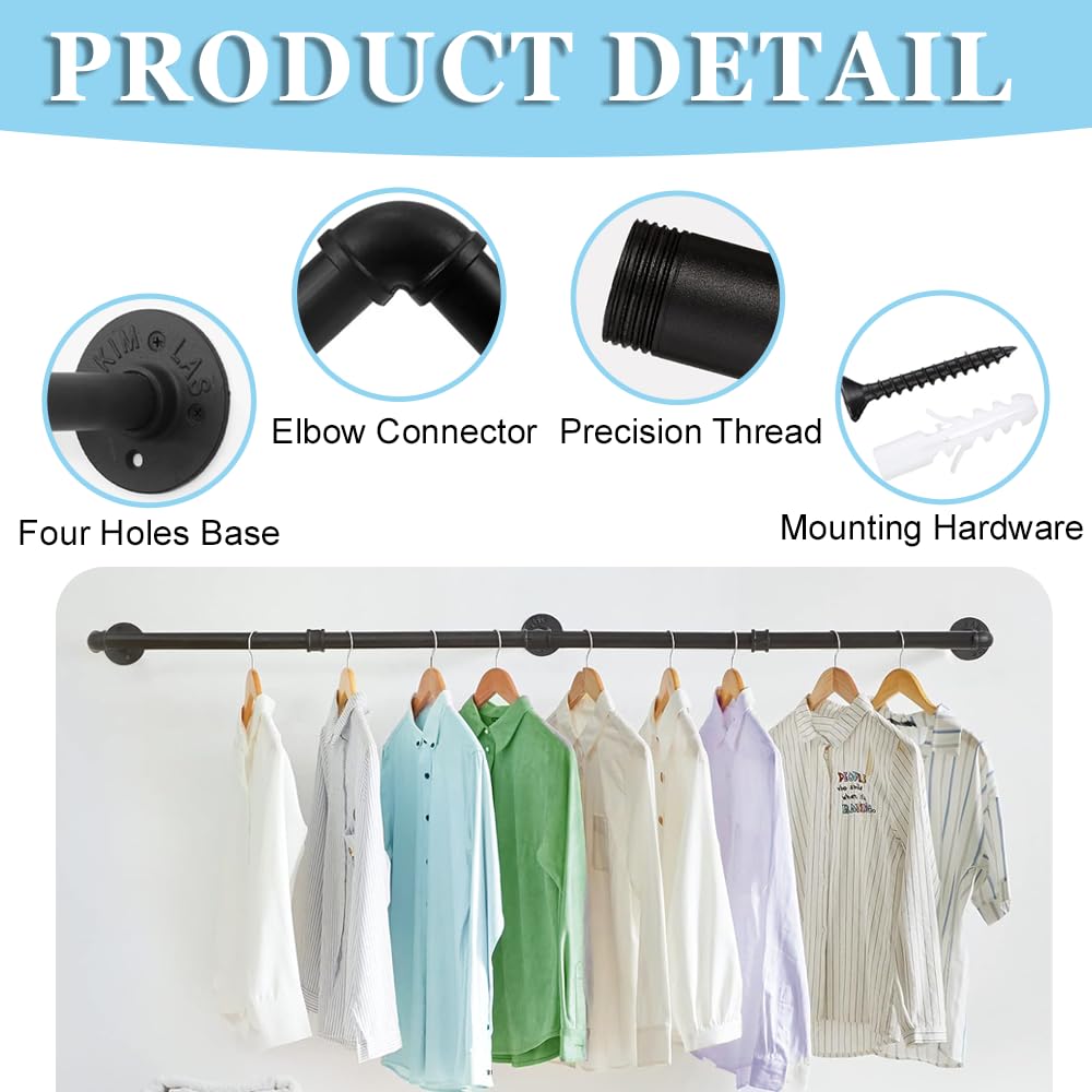 Exquilnova 90CM Wall Mounted Clothes Rail,Black Metal Clothing Rack,Multifunctional Heavy Duty Clothes Rail,Hanging Rails Suitable for