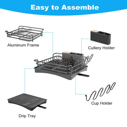BRIAN & DANY Aluminum Dish Drying Rack, Dish Drainer with Removable Cutlery Holder & Cup Holder, Unique 360 Swivel Spout Drain Board, Black