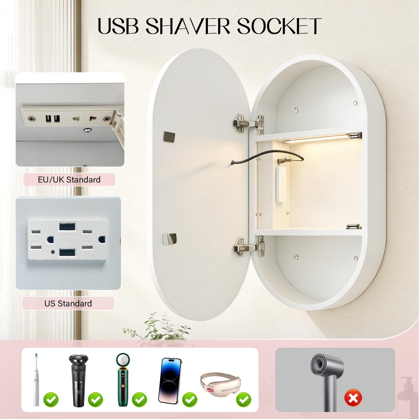 Janboe Oval Mirror Cabinet with Light,41×71cm,3 Colors&Dimmer,Defogger,Internal LIghting,Powerer Coating Iron,USB Shaver Socket,White