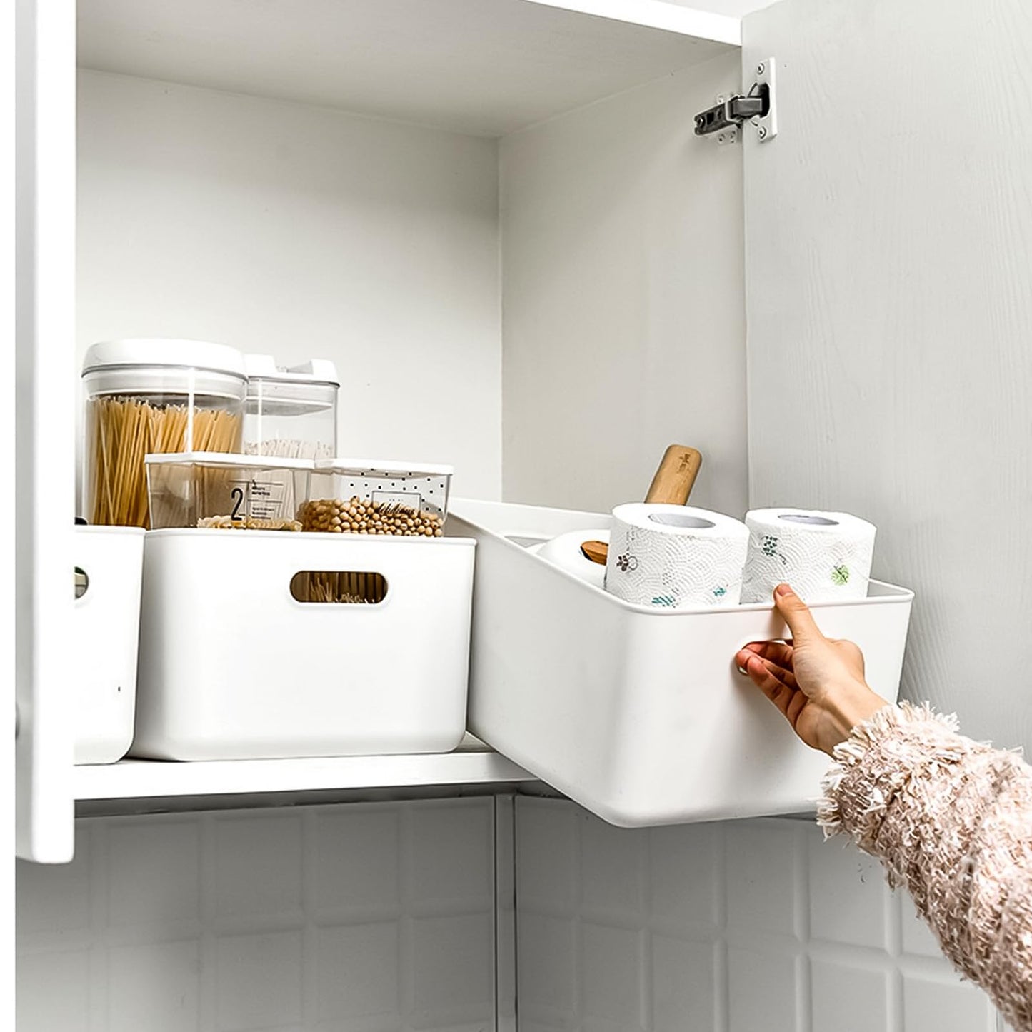 WOPPLXY 4PCS White Storage Boxes with Lid - 6.5L Stackable, Durable Boxes - White Plastic Storage Box with Lid for Desktop, Bathroom, Kitchen