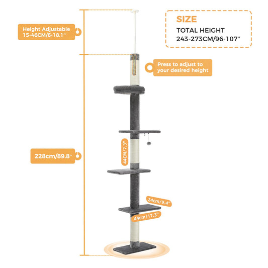 PAWZ Road Cat Tree 5-Tier Floor to Ceiling Cat Tower Height Adjustable, Tall Kitty Climbing Activity Center with Scratching Post, Cozy Bed, Dangling