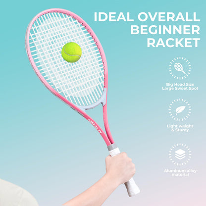 HIRALIY 27" Tennis Rackets Set of 2, 3 Tennis Balls, 2 Racquets, 2 Overgrip Tapes and 1 Carrying Bag Outdoor Recreational Sport Game (Pink/Green)