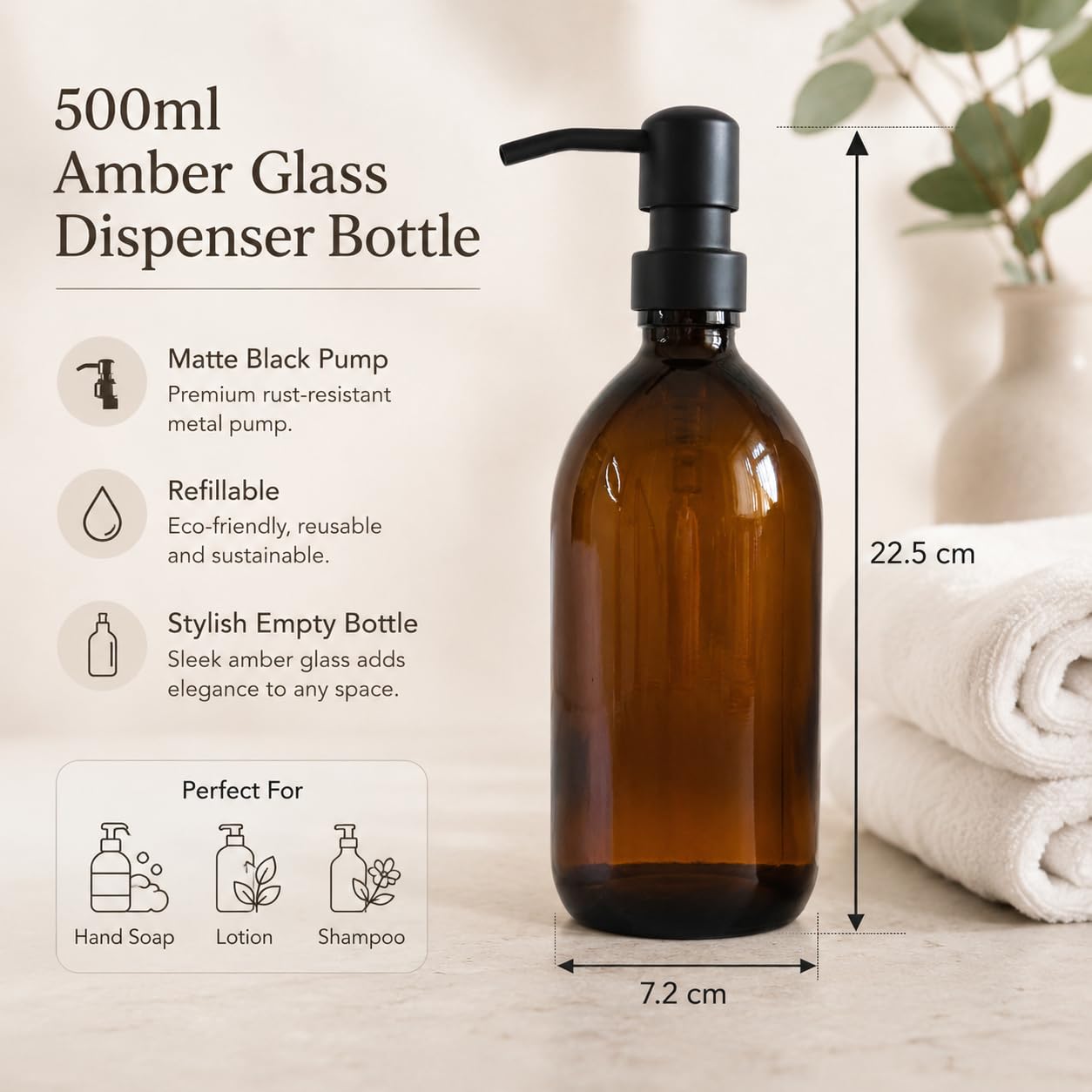 Amber Glass Bottles 500ml Soap Dispenser with Metal Pump (BPA-Free) Brown Glass Empty Soap Dispensers – Reusable Refillable Eco friendly