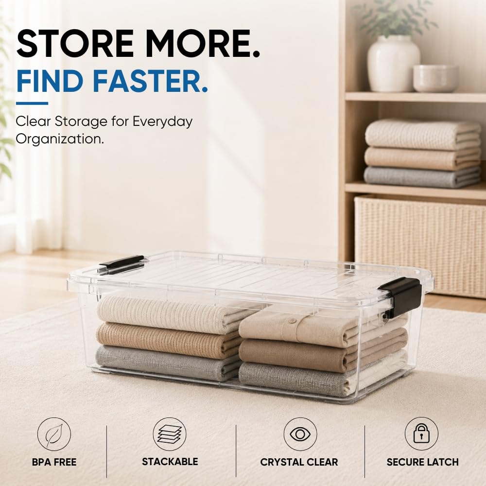 Superio Clear Storage Box with Lid, 16 Quart Plastic Container Bins for Organizing, Stackable Crates, BPA Free, Non Toxic, Odor Free