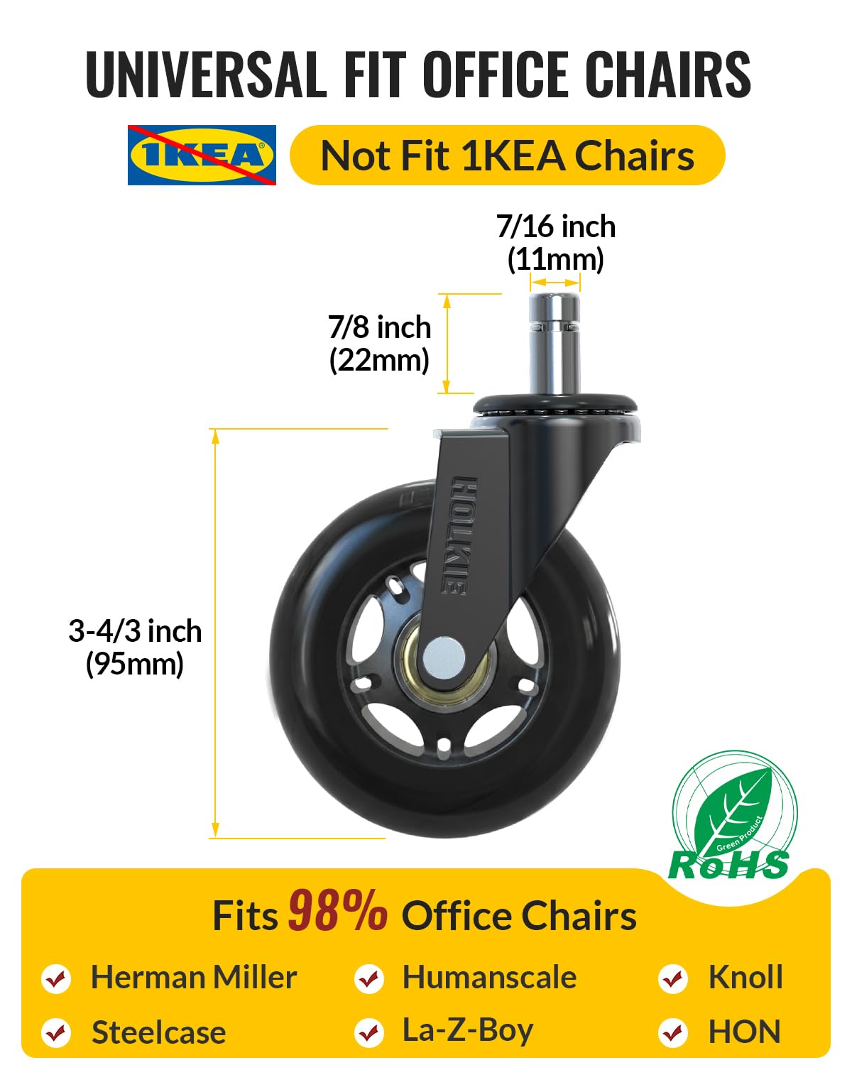 HOLKIE Office Chair Wheels 11x22mm Black Replacement Desk Chair Wheels for Hard Floor Casters Set of 5 Heavy Duty Wheel Replacement for Computer