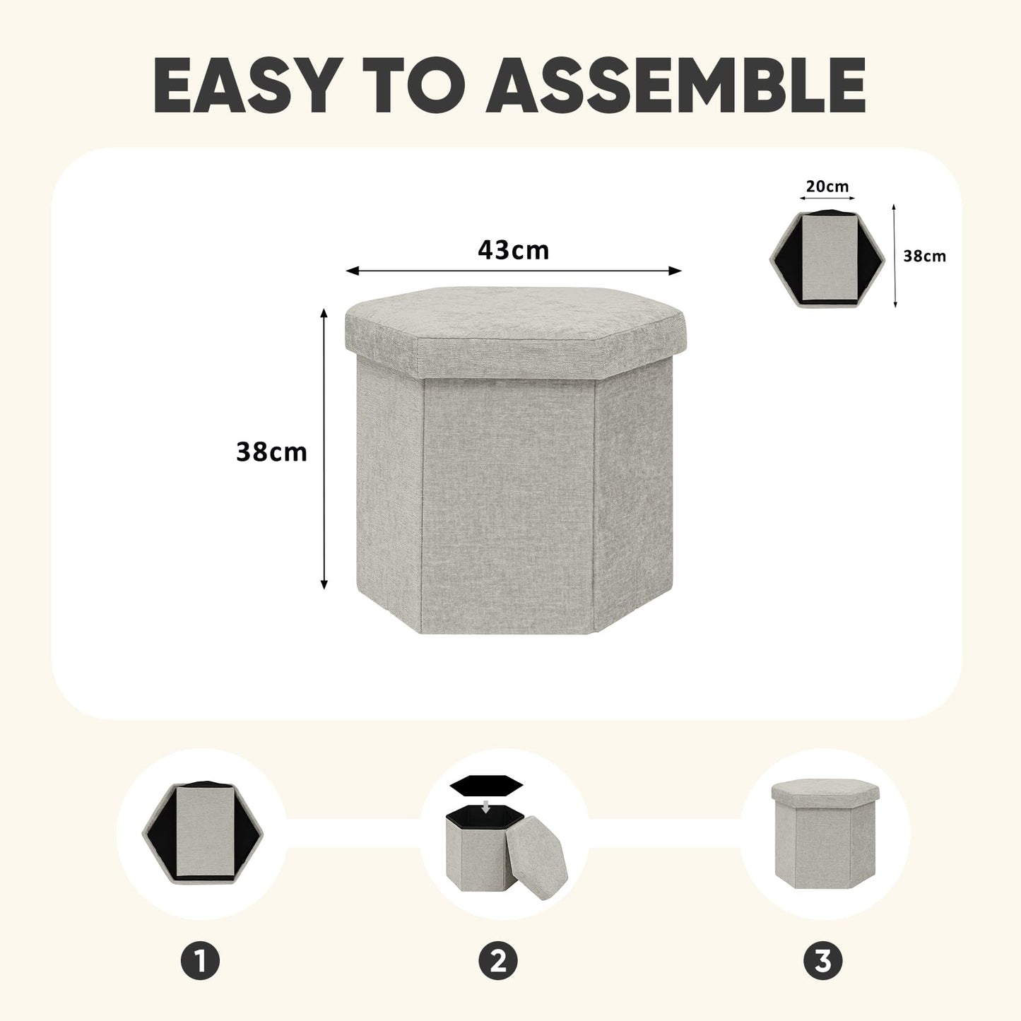 PINPLUS Chenille Ottoman Storage Box, Hexagonal Folding Stool, Silver Grey