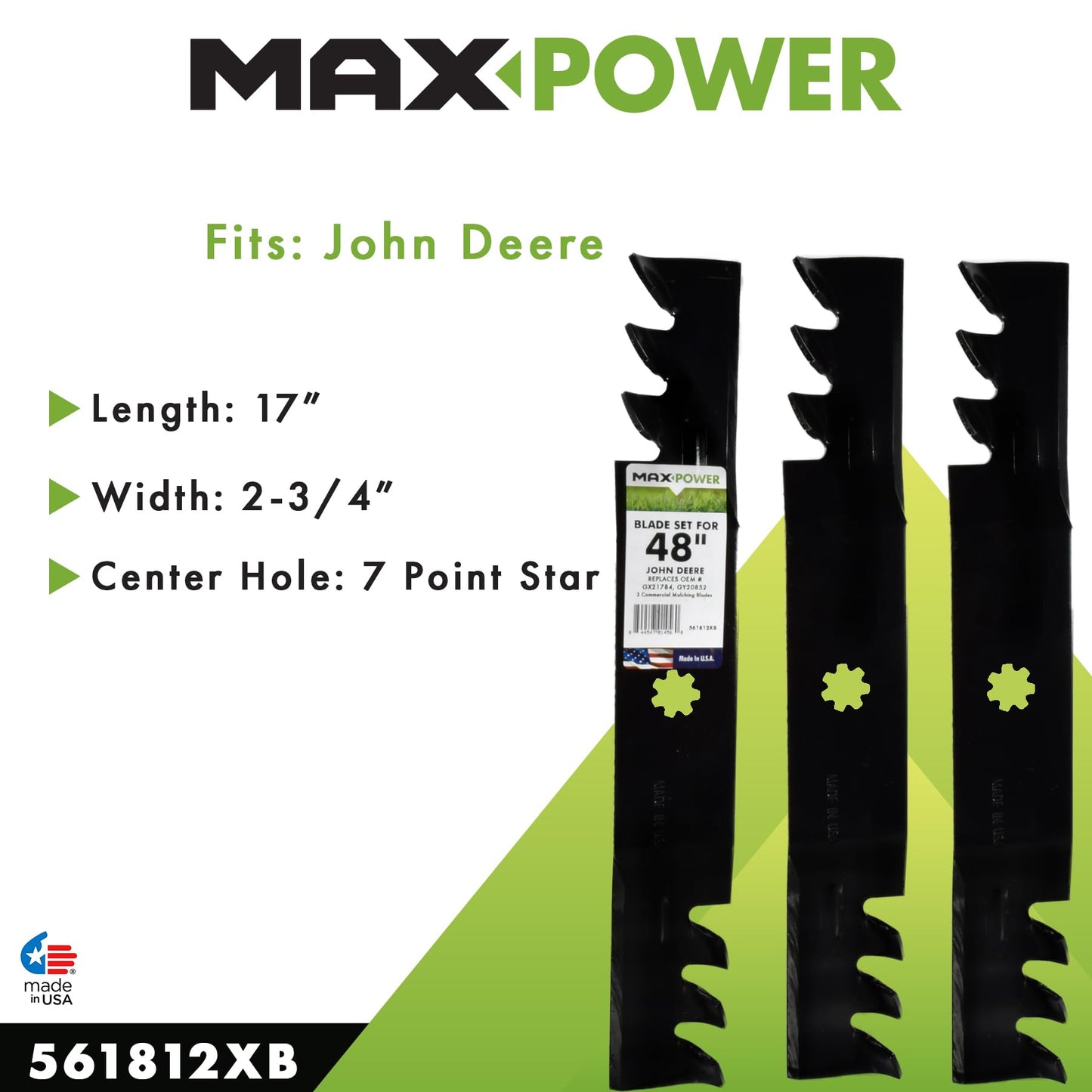 MaxPower 561812X Commercial Mulching Blade Set for 48" Cut John Deere Replaces GX21784/GY20852