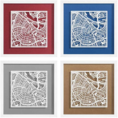 O3 DESIGN STUDIO Amsterdam Marco de Papel para mapas, White map, White frame, 9x9 inches, Gift Boxed, 4 background color, self-changing, Paper Art