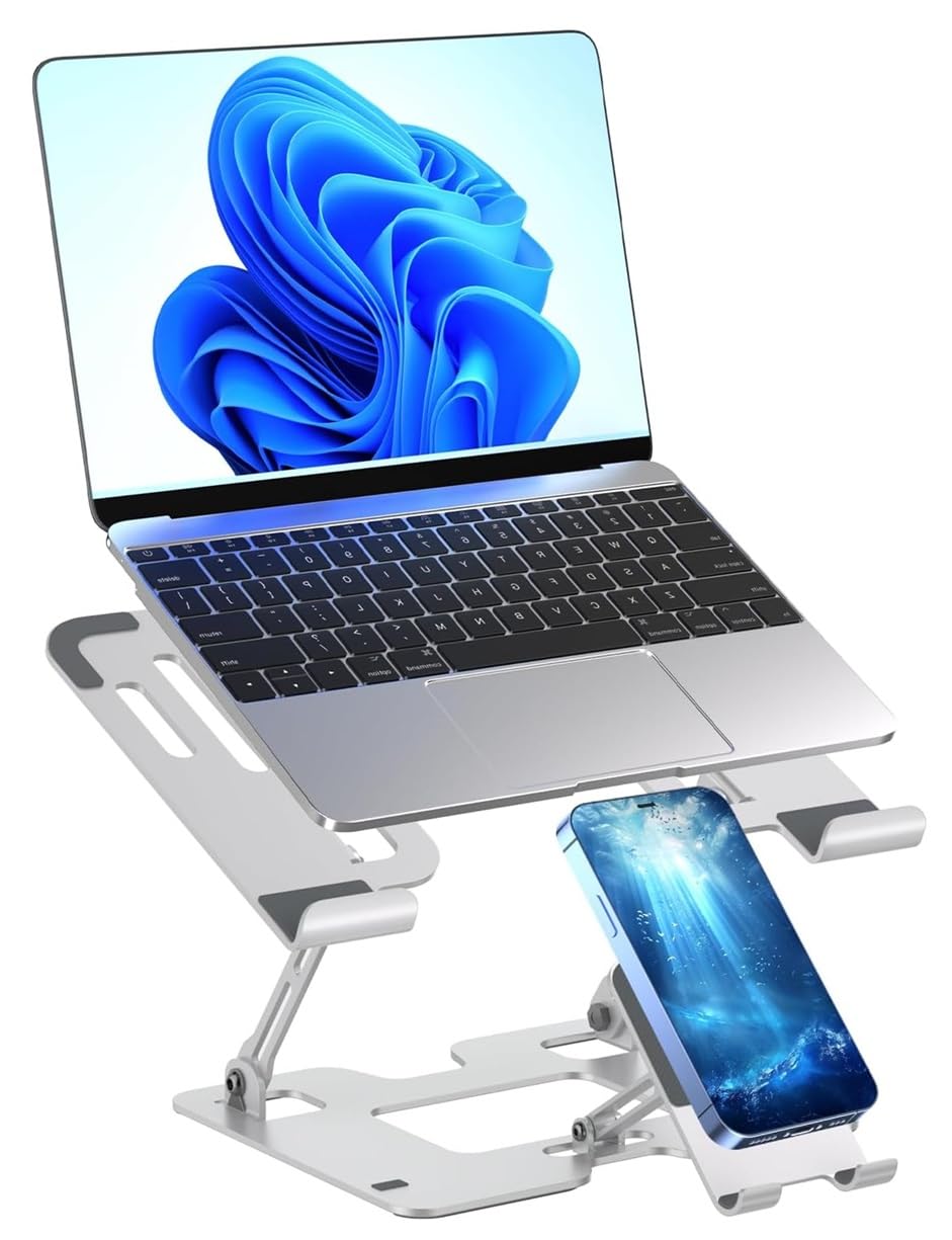 Omana Ergonomic 2-in-1 Laptop Stand with Phone Holder for Desk, Adjustable Riser, Sturdy and Portable, Fits All Laptops and Phone (Silver)