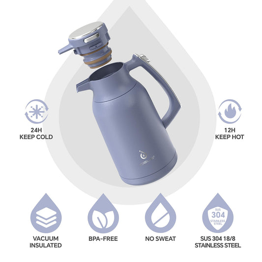 IDEUS Vacuum Insulated Coffee Carafe, 68 oz (2 Liters) Stainless Steel Milk Jug Thermal Tea Pot Hot & Cold Water Beverage Dispenser (Ocean Blue)