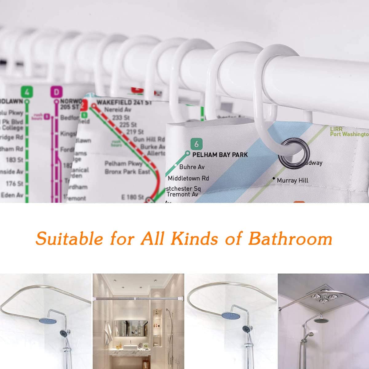Gaakvrr Shower Curtain New York Subway Map Waterproof Polyester Fabric Bathroom Curtain Set with 12 Hooks, Unique Urban Bathroom Decor 180x180 cm
