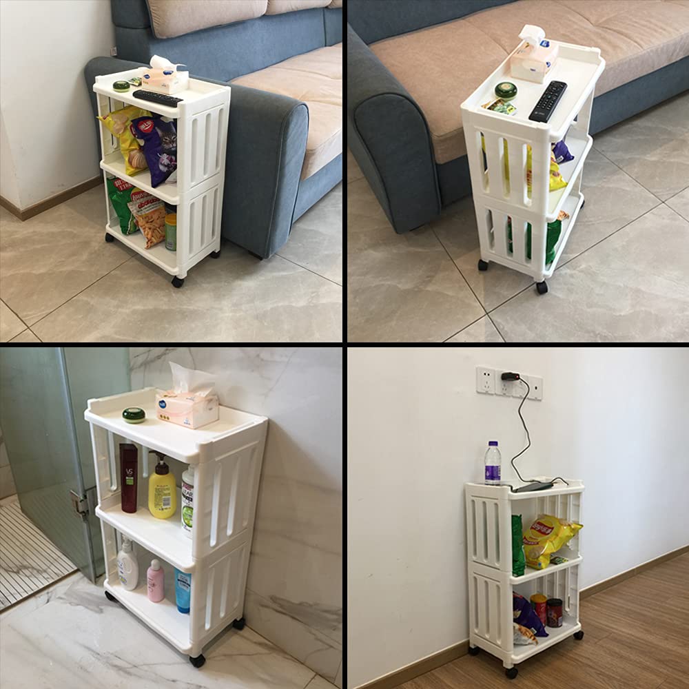 Storage Trolley Slide Out Rolling Cart Utility Slim Organiser Shelf on Wheels 3 Tier Narrow Places Mobile Shelving Unit Tower Rack for Bathroom