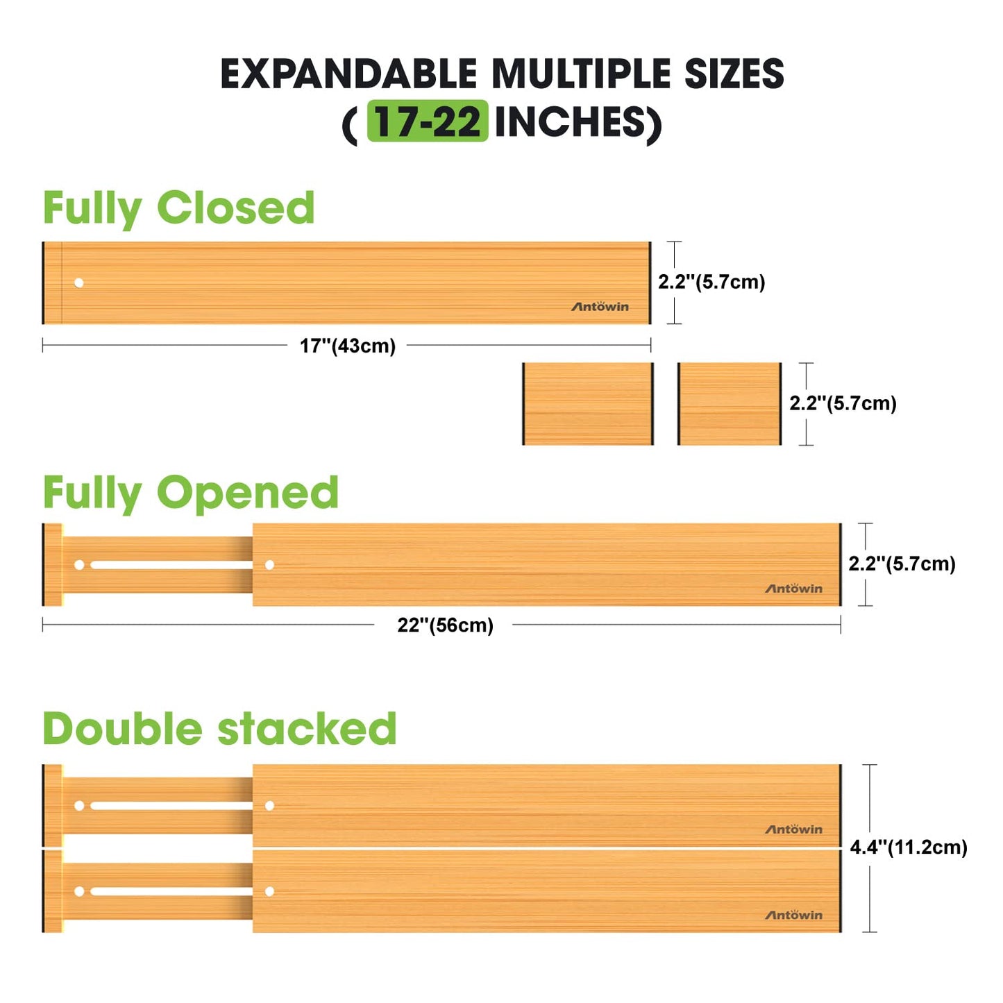 ANTOWIN 10Pcs Bamboo Drawer Dividers, Expandable Drawer Separators Splitter, 43-56 CM Long Adjustable Spring Loaded Organizer for Large Utensil
