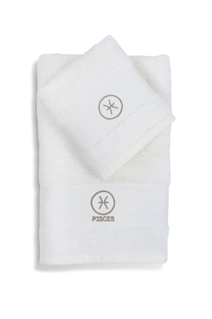 zer0bed Zodiac Zodiac Bath Towel Set, Set of 2, Face Towel, Guest Towel-Bidet, 100% Cotton, Plain with Embroidery, Fish