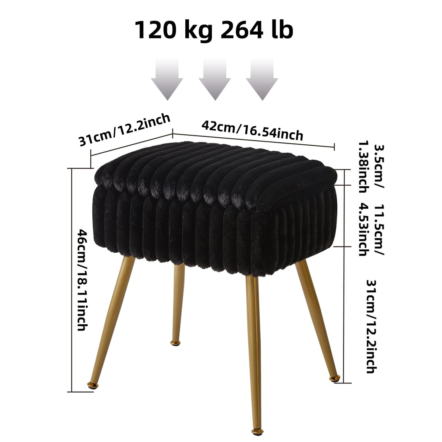 Aibiju Velvet Dressing Table Stool, Rectangular Vanity Stool with Storange, Make up Chair with 4 Metal Legs for Makeup Room, Bedroom, Black YD-MS151B
