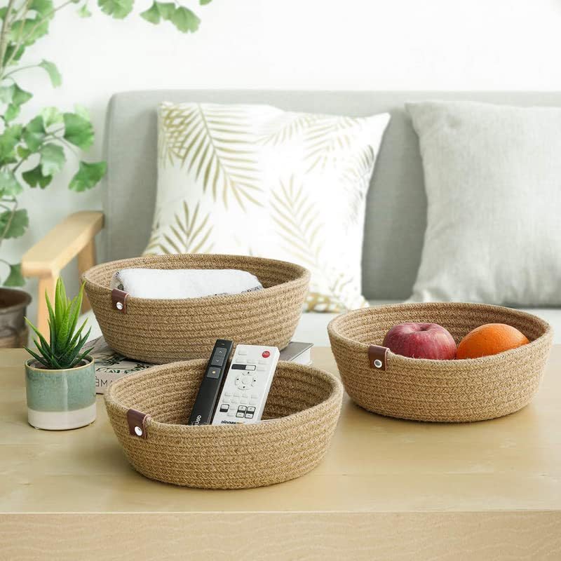 Set of 3 Cotton Rope Storage Baskets - Small White Organizers for Bathroom, Nursery & Home, Handmade Woven (White)